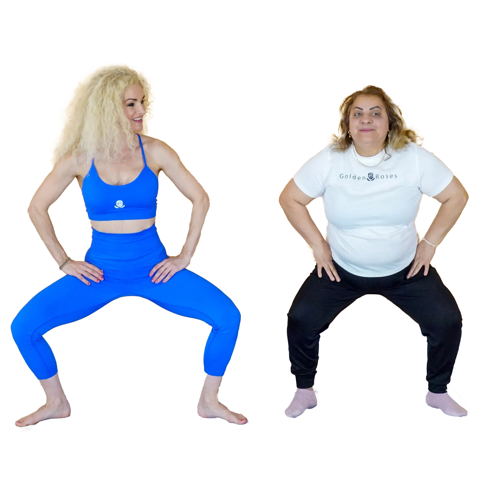 Aniko and a client in a Pilates squat
